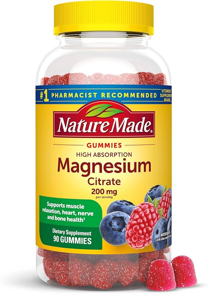 Nature Made High Absorption Magnesium Citrate 200 mg per serving, Magnesium Supplement for Muscle, Nerve, Bone and Heart Support, 90 Magnesium Gummies, 45 Day Supply